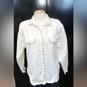 Vintage White Western Denim Shirt/Shacket with Rhinestone Embellishments –Size M